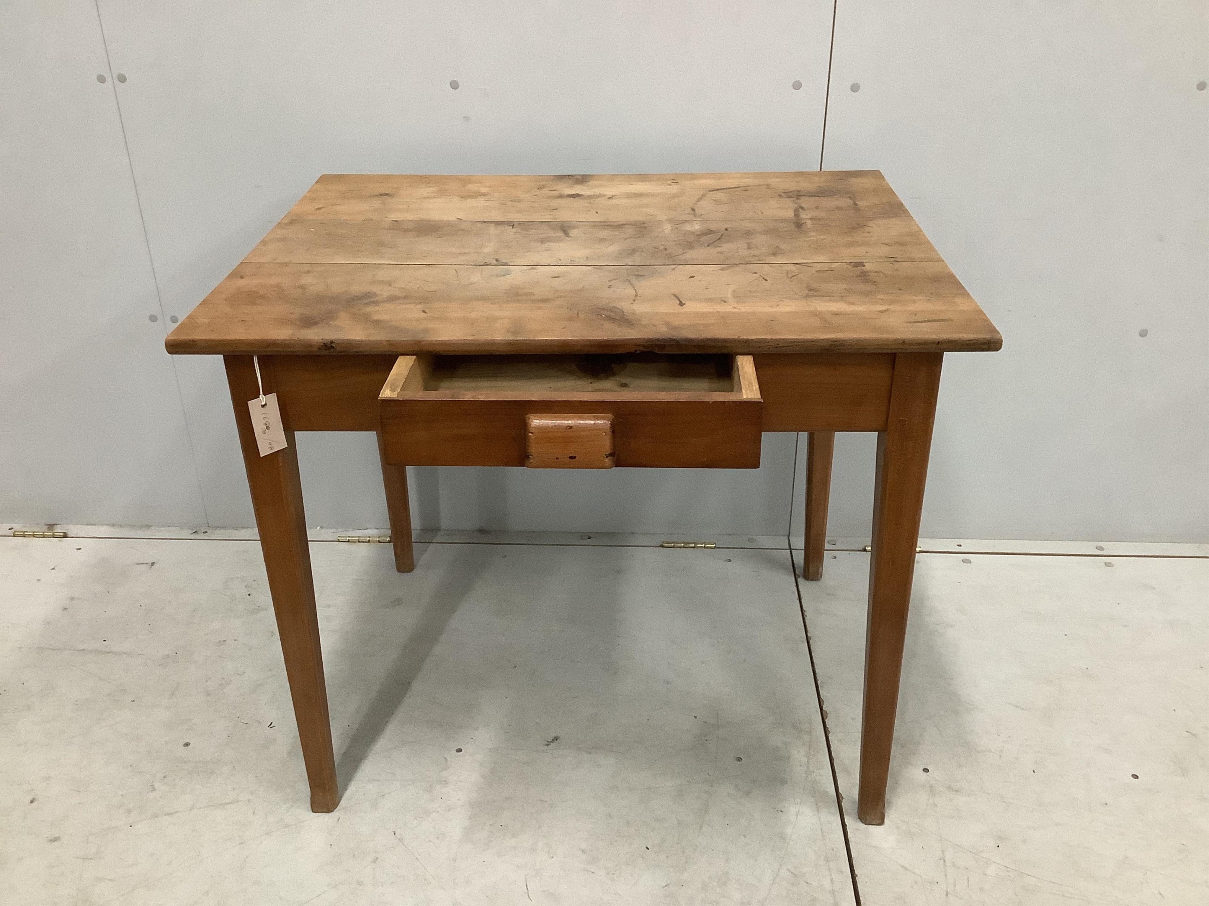 A 19th century French rectangular cherry side table, width 92cm, depth 69cm, height 77cm. Condition - fair